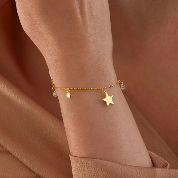 925 ayar gümüş yıldız objeli zirkon taş sallantılı bileklik - 2