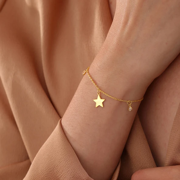 925 ayar gümüş yıldız objeli zirkon taş sallantılı bileklik - 5