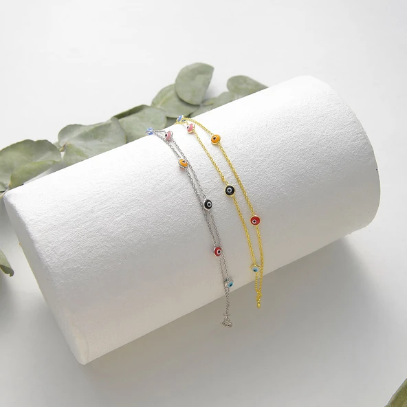 925 ayar gümüş 2 sıra zincirli karışık renk göz bileklik - 2