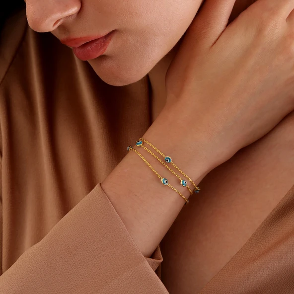 925 ayar gümüş mavi göz 3 sıra zincirli bileklik