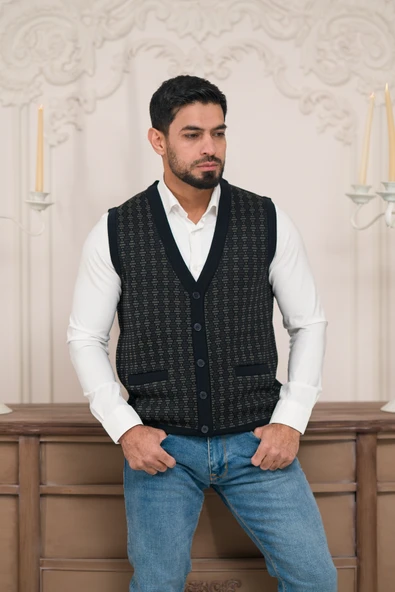 Woolen World Regular Fit Ön Cepli Desenli Kolsuz Erkek Triko Yelek - 6