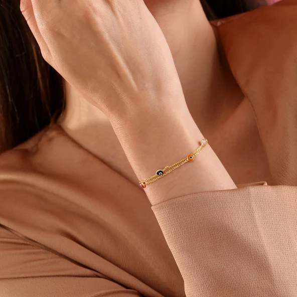 925 ayar gümüş 2 sıra zincirli karışık renk göz bileklik - 3