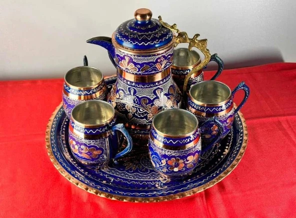 bakır ayran ve içecek seti 6 kişilik moskova bardak yuvarlak tepsili