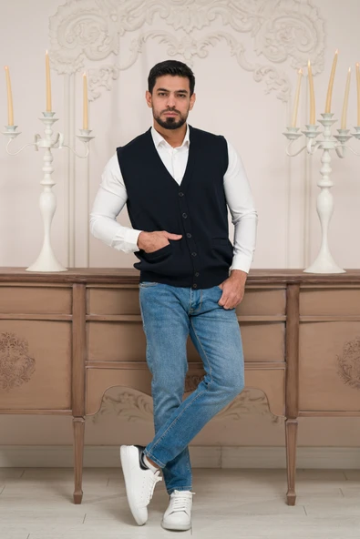 Woolen World Regular Fit Ön Cepli Kolsuz Erkek Triko Yelek - 8
