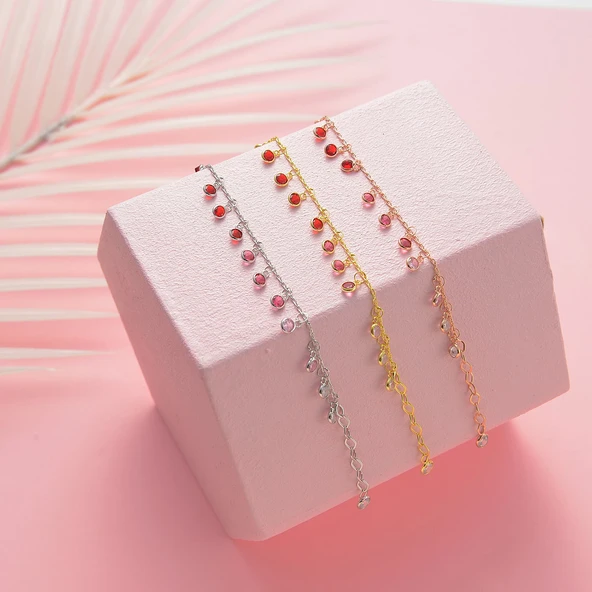 925 ayar gümüş ful sallantılı kırmızı renk geçişli bileklik - Resim 2