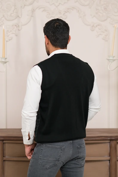 Woolen World Regular Fit Ön Cepli Desenli Kolsuz Erkek Triko Yelek - 5