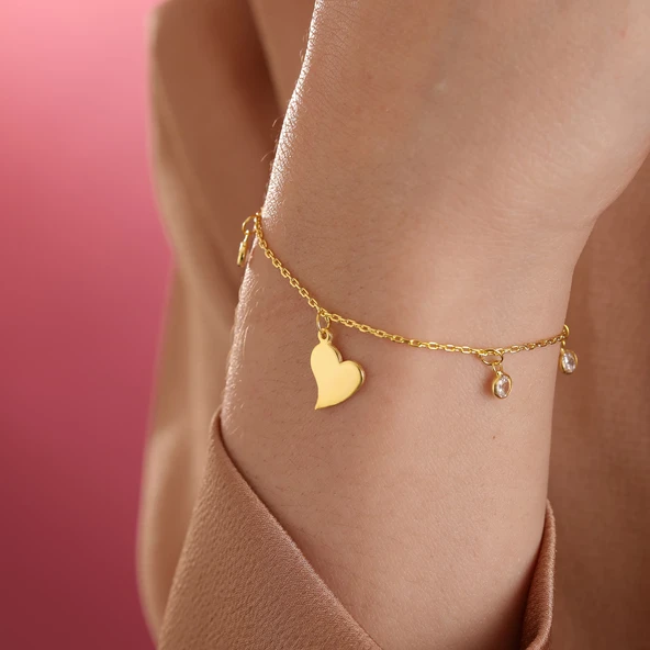 925 ayar gümüş. kalp objeli zirkon taş sallantılı bileklik - 2