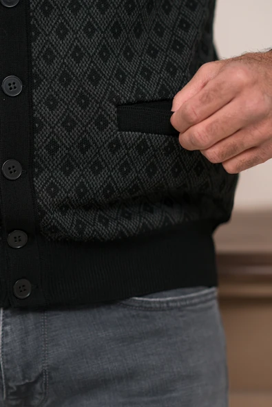 Woolen World Regular Fit Ön Cepli Desenli Kolsuz Erkek Triko Yelek - 6