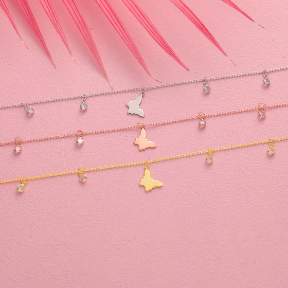 925 ayar gümüş kelebek objeli zirkon taş sallantılı bileklik - 4