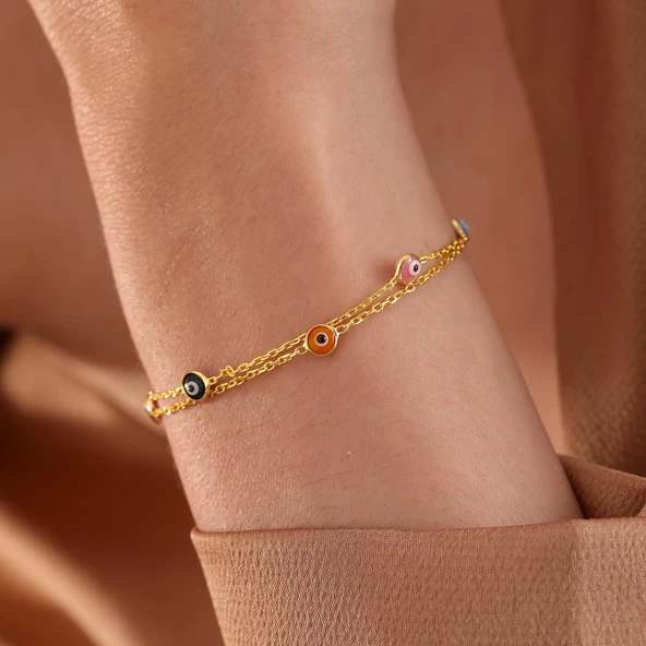 925 ayar gümüş 2 sıra zincirli karışık renk göz bileklik