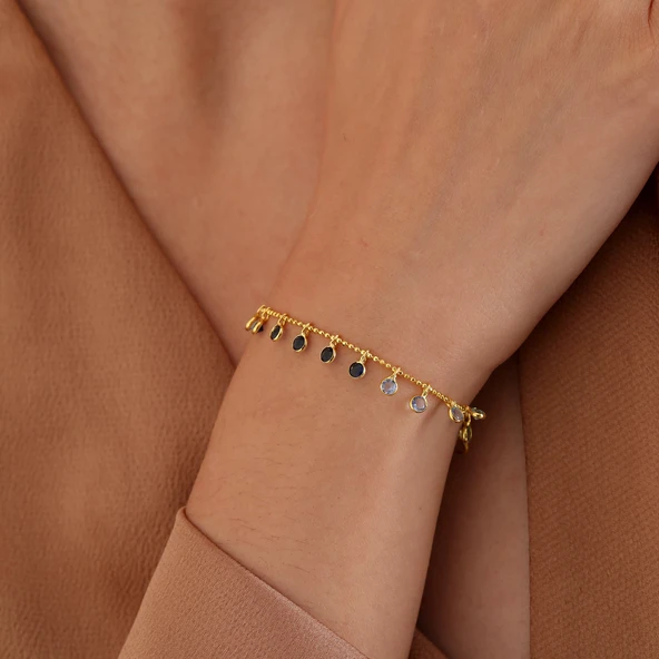 925 ayar gümüş mavi renk geçişli top zincirli bileklik - 4