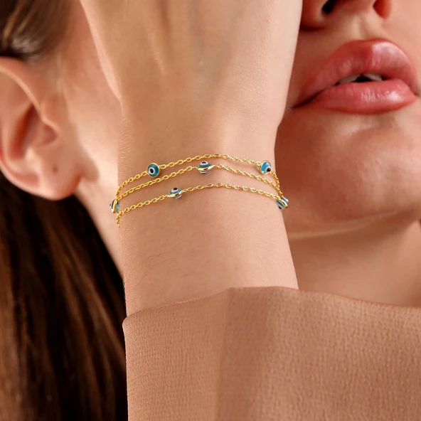 925 ayar gümüş mavi göz 3 sıra zincirli bileklik - 4