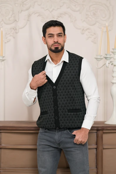 Woolen World Regular Fit Ön Cepli Desenli Kolsuz Erkek Triko Yelek