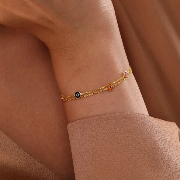 925 ayar gümüş 2 sıra zincirli karışık renk göz bileklik - 4