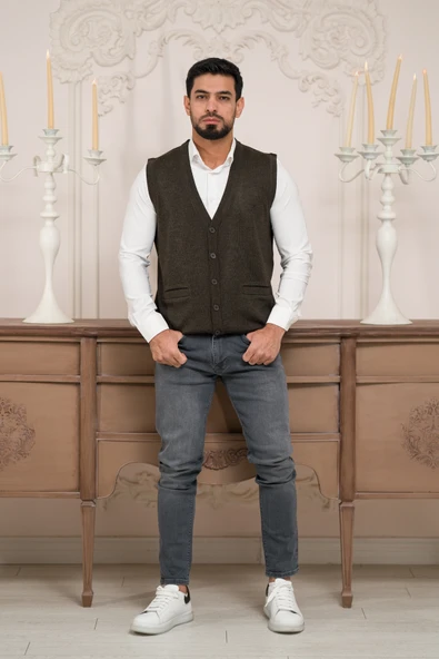Woolen World Regular Fit Ön Cepli Kolsuz Erkek Triko Yelek - 3