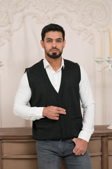 Woolen World Regular Fit Ön Cepli Kolsuz Erkek Triko Yelek - 11