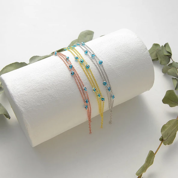 925 ayar gümüş mavi göz 3 sıra zincirli bileklik - 2