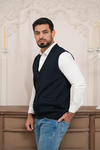Woolen World Regular Fit Ön Cepli Kolsuz Erkek Triko Yelek - 7
