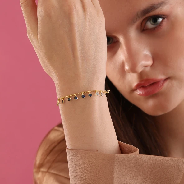 925 ayar gümüş mavi renk geçişli top zincirli bileklik - 3