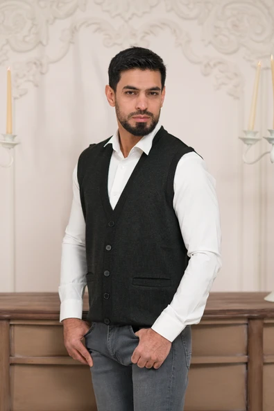 Woolen World Regular Fit Ön Cepli Kolsuz Erkek Triko Yelek - 12