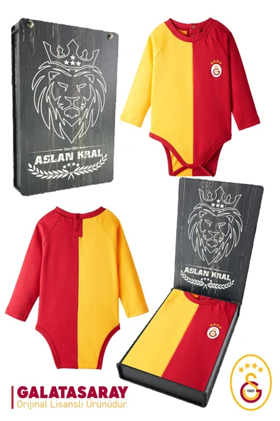 Galatasaray Orijinal Lisanslı Uzun Kol Bebek Body Zıbın Hediyelik Ahşap Kutulu