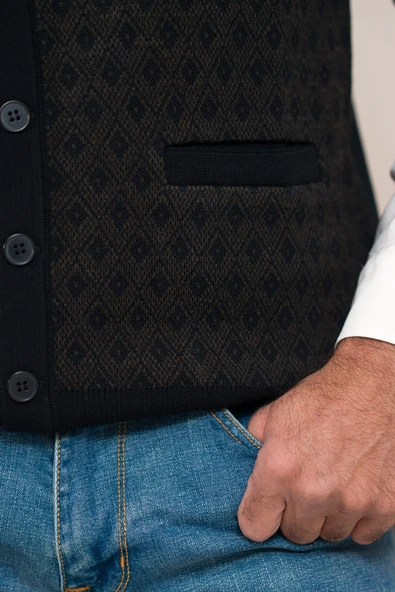 Woolen World Regular Fit Ön Cepli Desenli Kolsuz Erkek Triko Yelek - 9