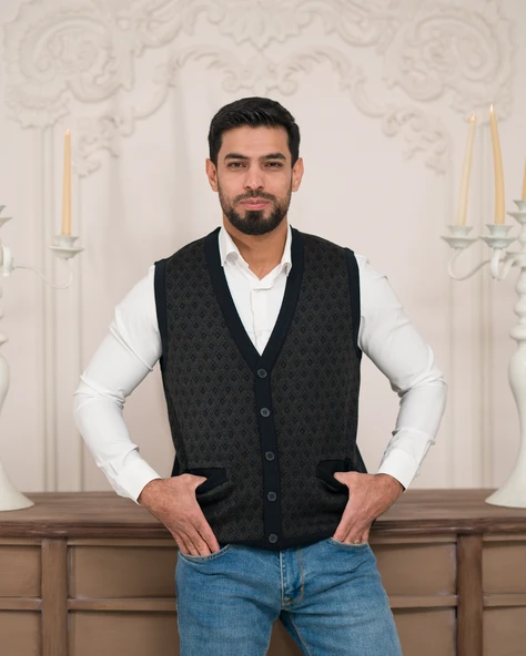 Woolen World Regular Fit Ön Cepli Desenli Kolsuz Erkek Triko Yelek - 7