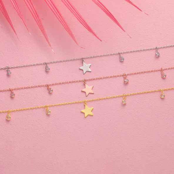 925 ayar gümüş yıldız objeli zirkon taş sallantılı bileklik - 3