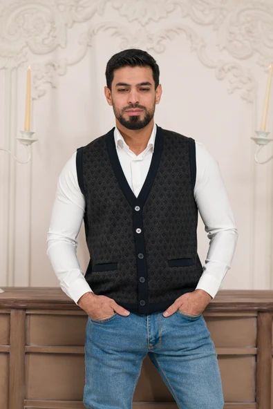 Woolen World Regular Fit Ön Cepli Desenli Kolsuz Erkek Triko Yelek - 10
