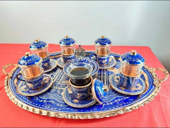 6lı bakır fincan takımı ve lokumluk oval tepsili