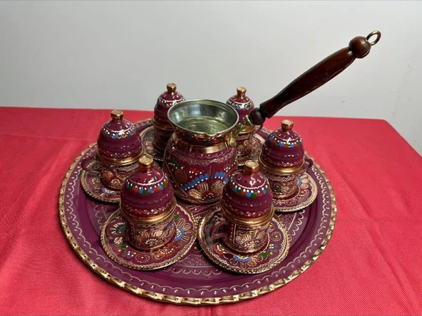 6lı bakır fincan takımı seti yuvarlak tepsi