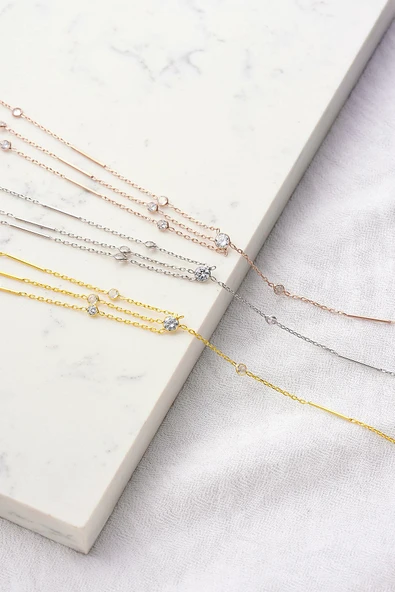 925 Ayar Gümüş, Zirkon Taşlı, Gümüş Çubuklu X Model Vücut Zinciri - 3