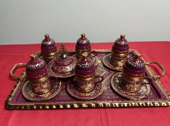 6lı bakır fincan takımı seti kare tepsi