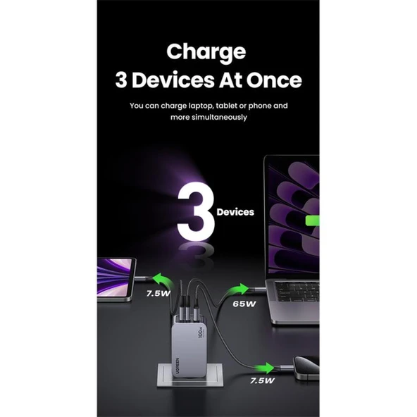 Ugreen Nexode Pro 25874 2xUSB-C+USB-A QC/PD 100W GaN Hızlı Şarj Kablosu ve Adaptörü - 5