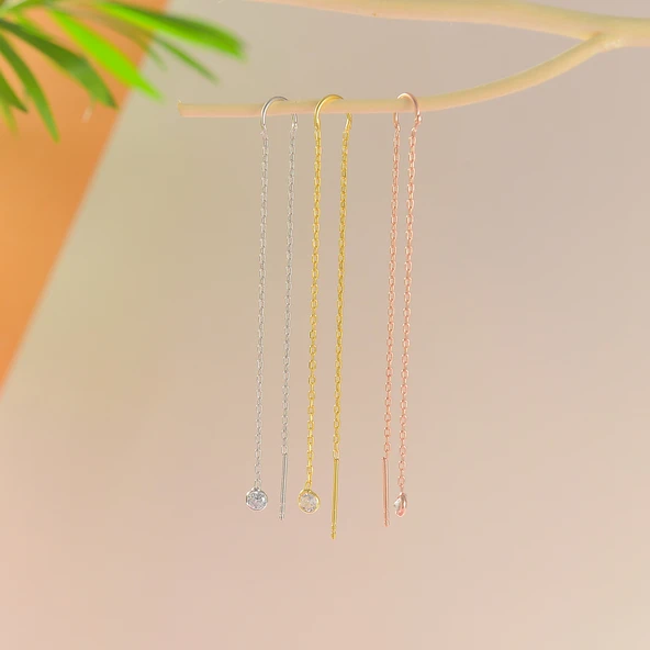 925 ayar gümüş yuvarlak küçük taş sallantılı küpe - Resim 3