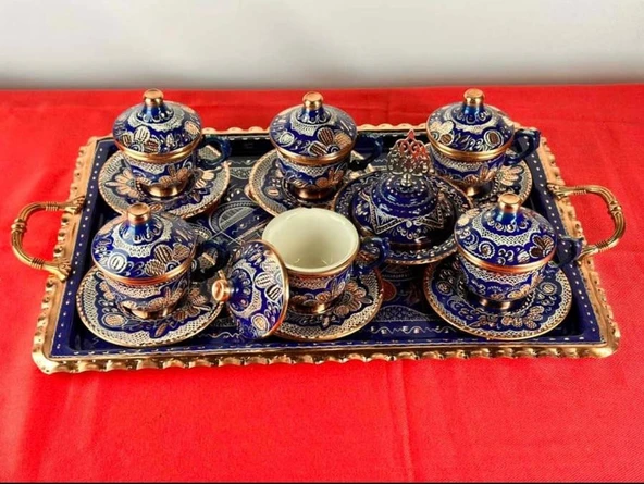6lı bakır fincan takımı ve lokumluk kare tepsili