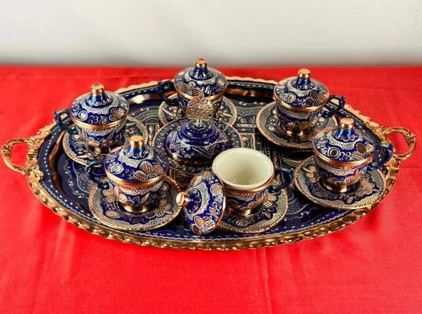 6lı bakır fincan takımı ve lokumluk oval tepsili