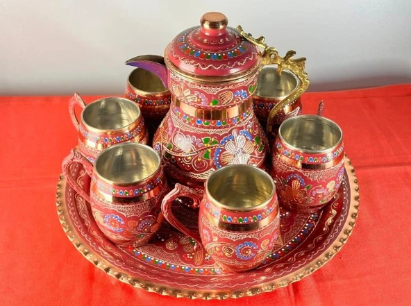 yuvarlak tepsili bakır ayran ve içecek seti 6 kişilik