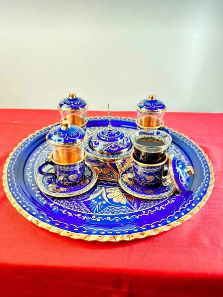 4lü bakır fincan takımı ve lokumluk tepsi