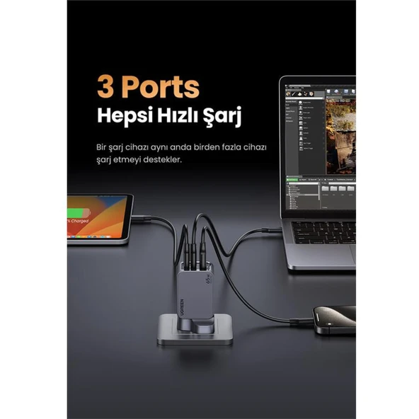 Ugreen Nexode Pro 25871 2xUSB-C+USB-A QC/PD 65W GaN Hızlı Şarj Kablosu ve Adaptörü - 4