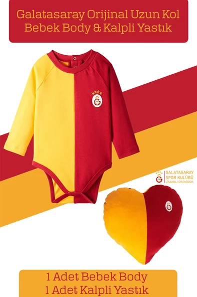 Galatasaray Orijinal Lisanslı Uzun Kol Bebek Body Zıbın & Sarı Kırmızı Kalpli Yastık Set