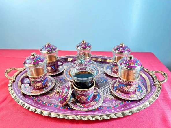 6lı bakır fincan takımı ve lokumluk yuvarlak tepsi