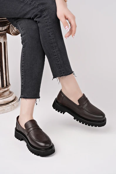 Muggo PARADİSE Hakiki Deri Kalın Taban Günlük Casual Makosen Kadın Loafer Ayakkabı - 7