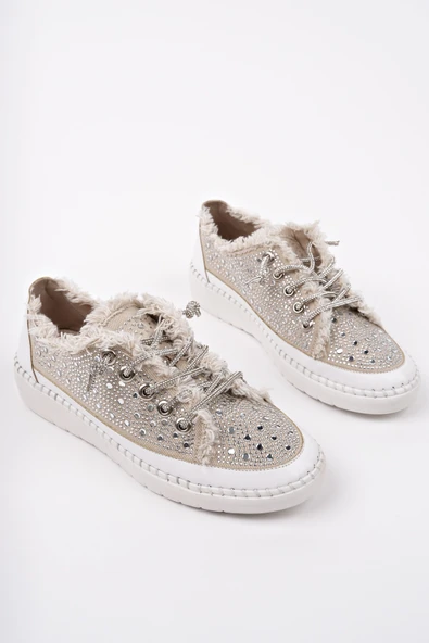 Muggo VİENNA Bağcıklı Taşlı Kadın Günlük Denim Sneaker Spor Ayakkabı - 3