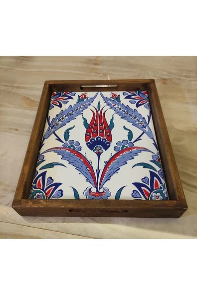 20 X 25 Cm Çini Mia-309 Ahşap Fırınlanmış Kuru Kayın Çinili Sunum Tepsi - 7