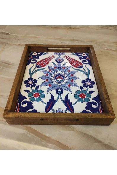 20 X 25 Cm Çini Mia-309 Ahşap Fırınlanmış Kuru Kayın Çinili Sunum Tepsi - 11