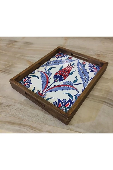 20 X 25 Cm Çini Mia-309 Ahşap Fırınlanmış Kuru Kayın Çinili Sunum Tepsi - 6
