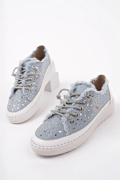 Muggo VİENNA Bağcıklı Taşlı Kadın Günlük Denim Sneaker Spor Ayakkabı - 8