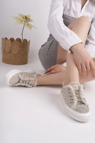 Muggo VİENNA Bağcıklı Taşlı Kadın Günlük Denim Sneaker Spor Ayakkabı - 7