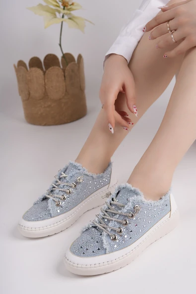 Muggo VİENNA Bağcıklı Taşlı Kadın Günlük Denim Sneaker Spor Ayakkabı - 12